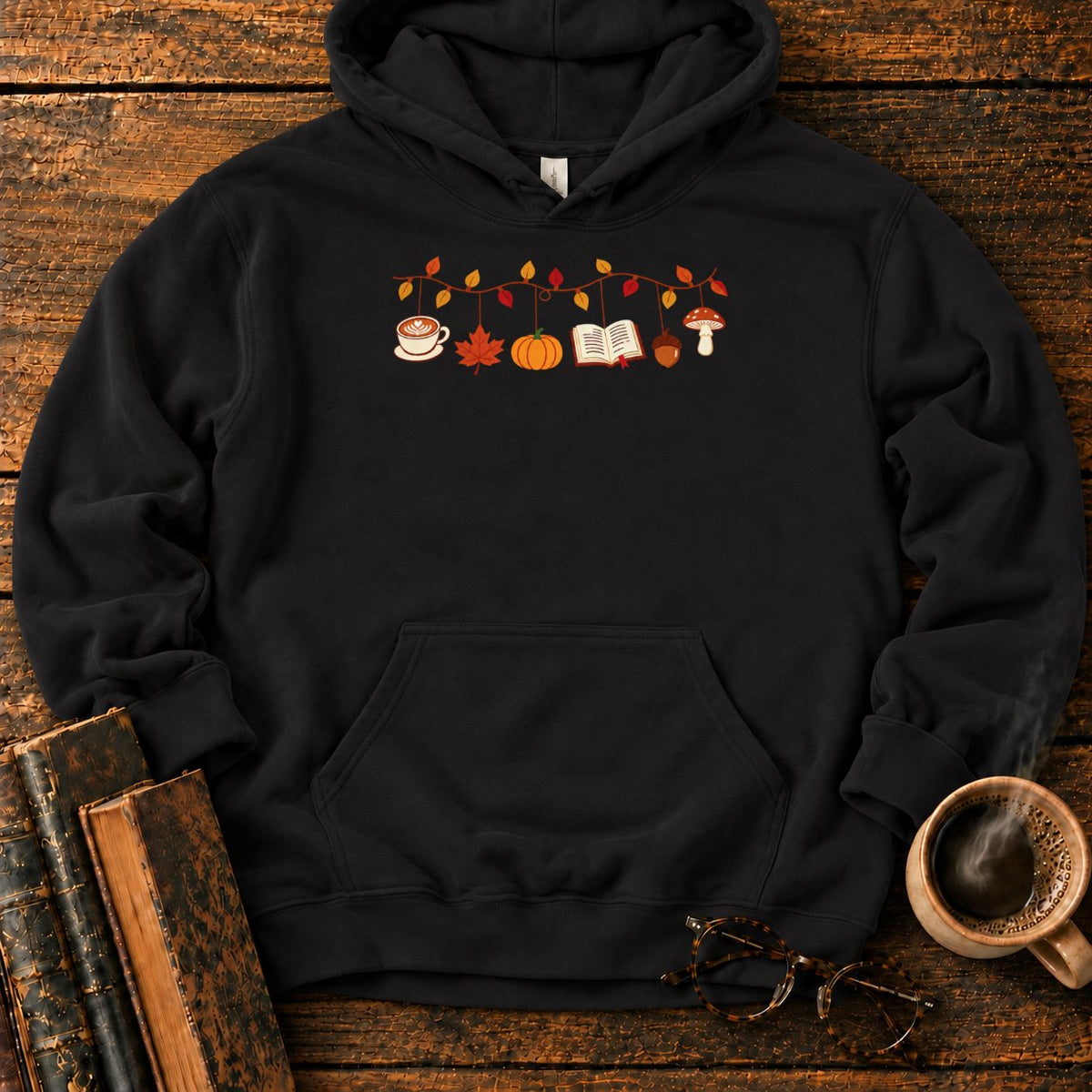 Cozy Autumn Garland Of Harvest Icons Hoodie in Black – BooksThreads