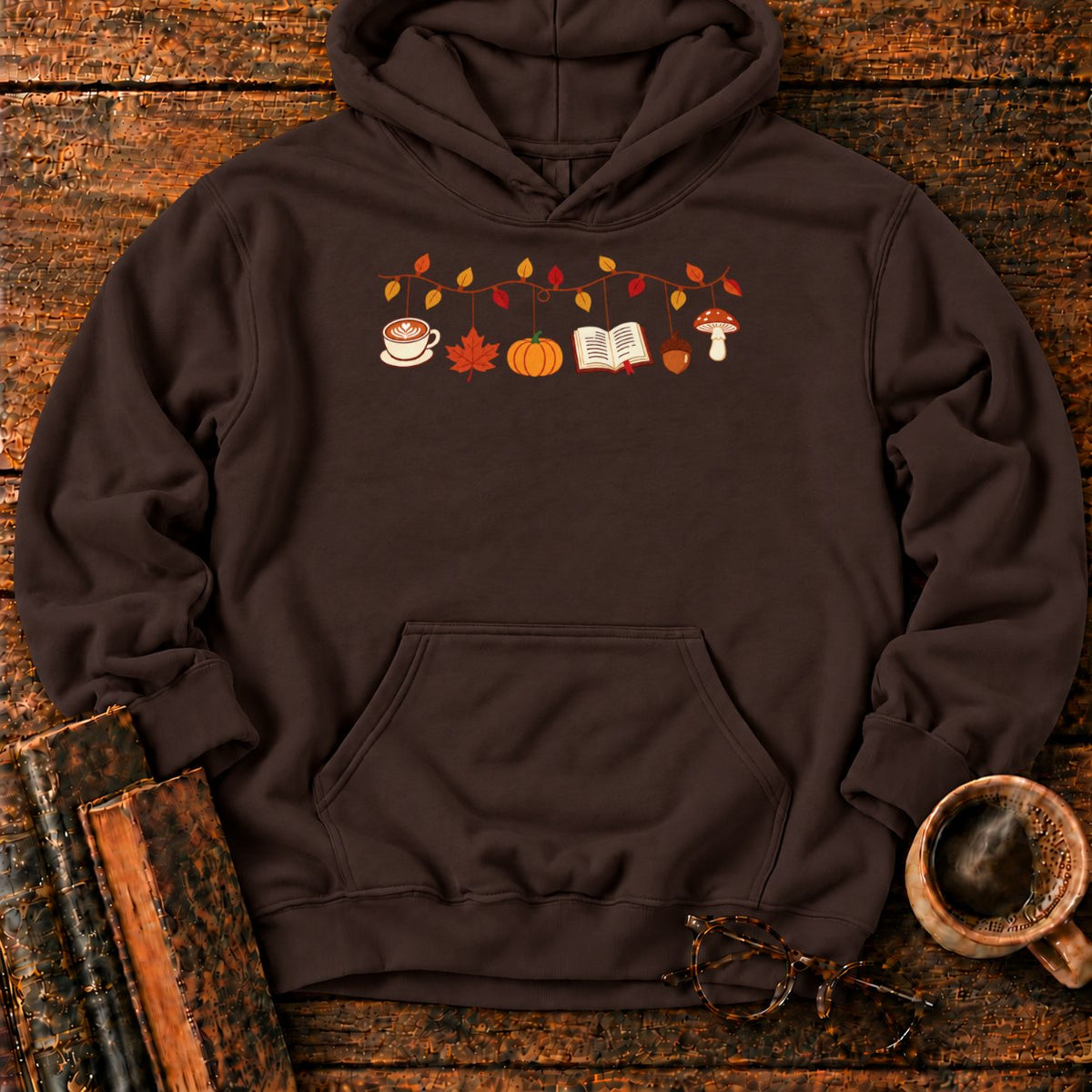 Cozy Autumn Garland Of Harvest Icons Hoodie in Dark Chocolate – BooksThreads