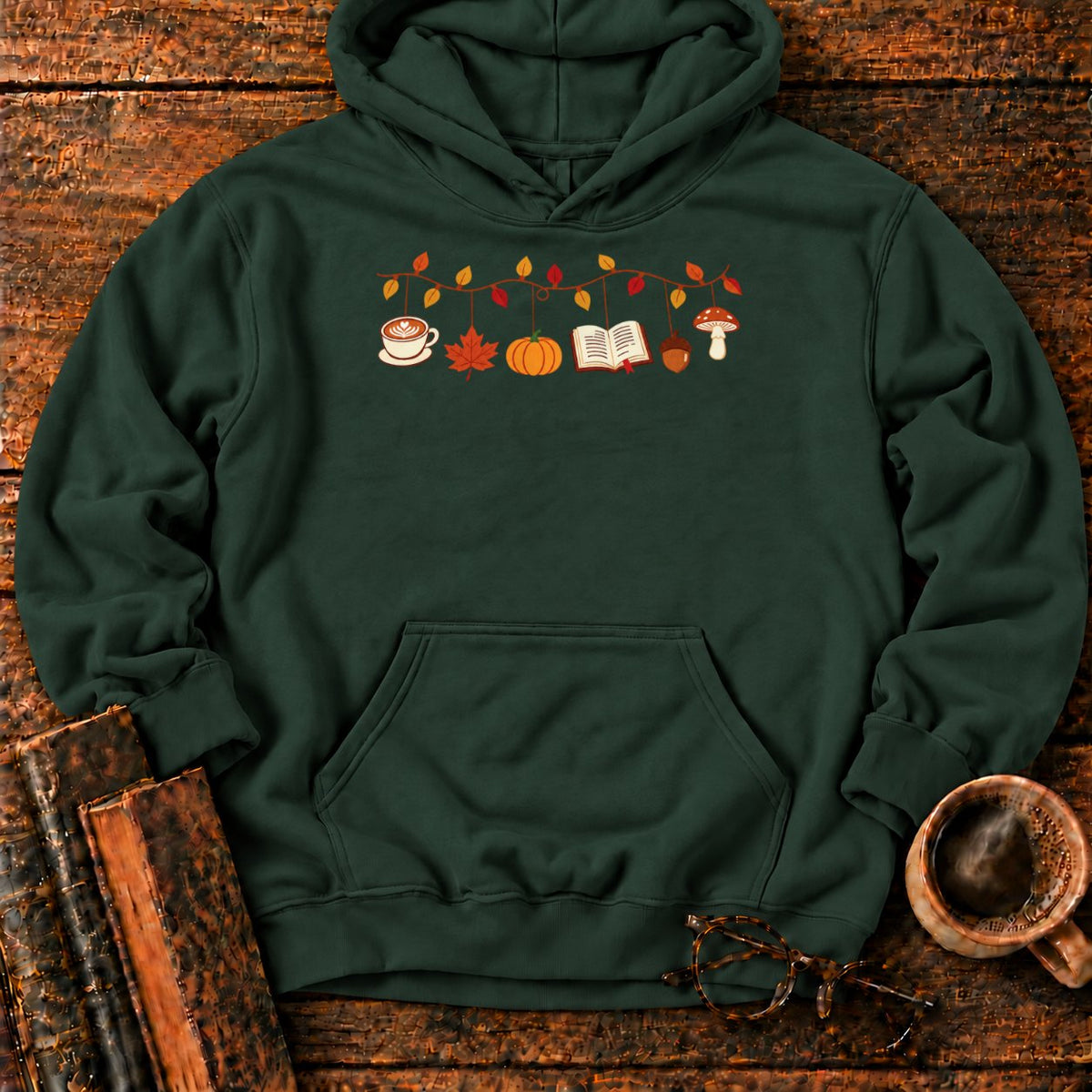 Cozy Autumn Garland Of Harvest Icons Hoodie in Forest Green – BooksThreads