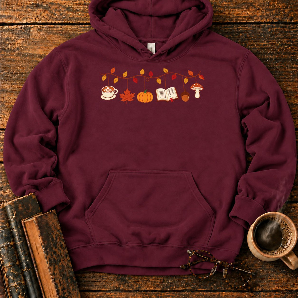 Cozy Autumn Garland Of Harvest Icons Hoodie in Maroon – BooksThreads