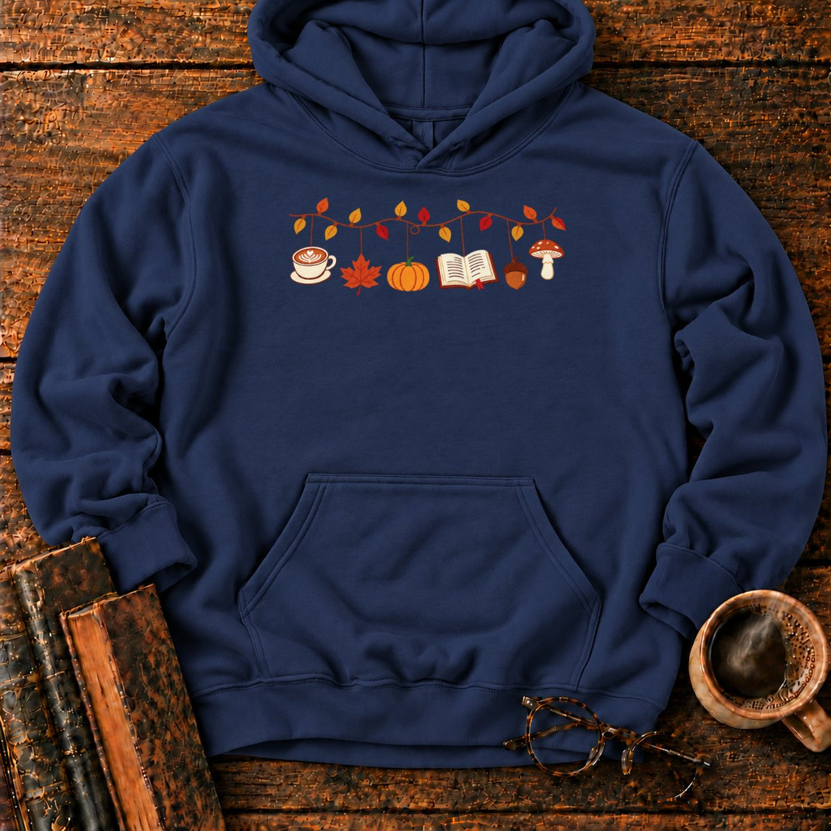 Cozy Autumn Garland Of Harvest Icons Hoodie in Navy – BooksThreads