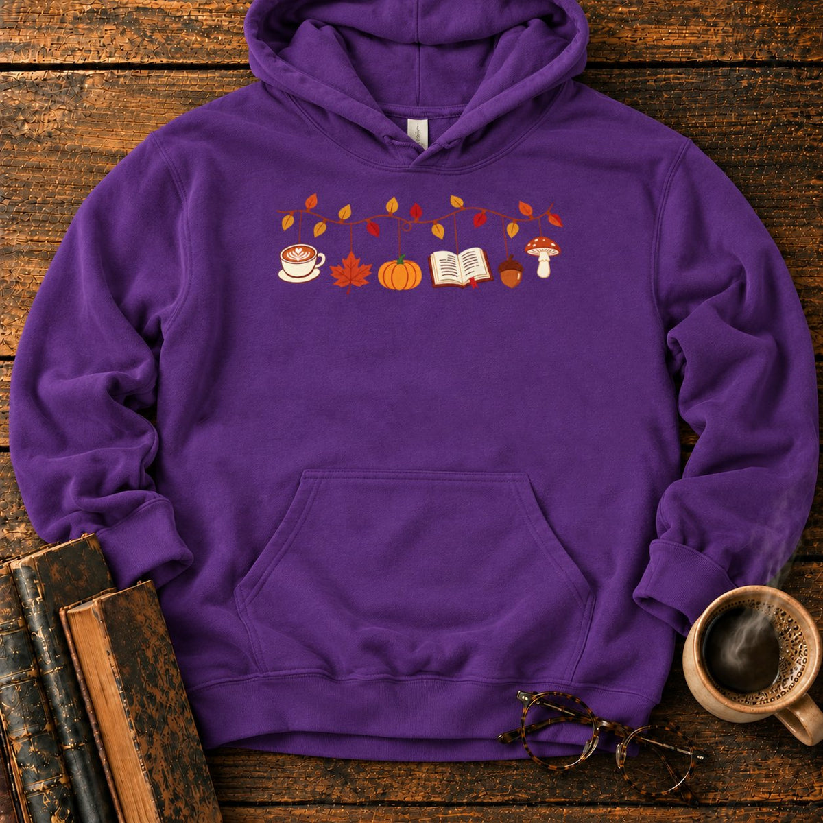 Cozy Autumn Garland Of Harvest Icons Hoodie in Purple – BooksThreads