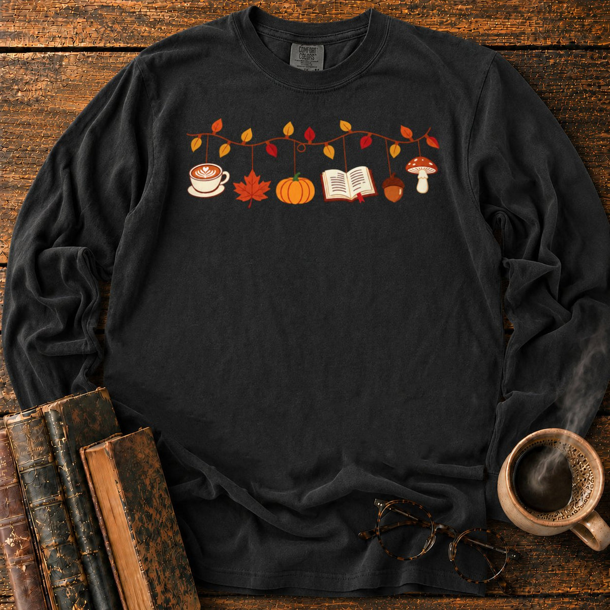 Cozy Autumn Garland Of Harvest Icons LS T-Shirt in Black – BooksThreads