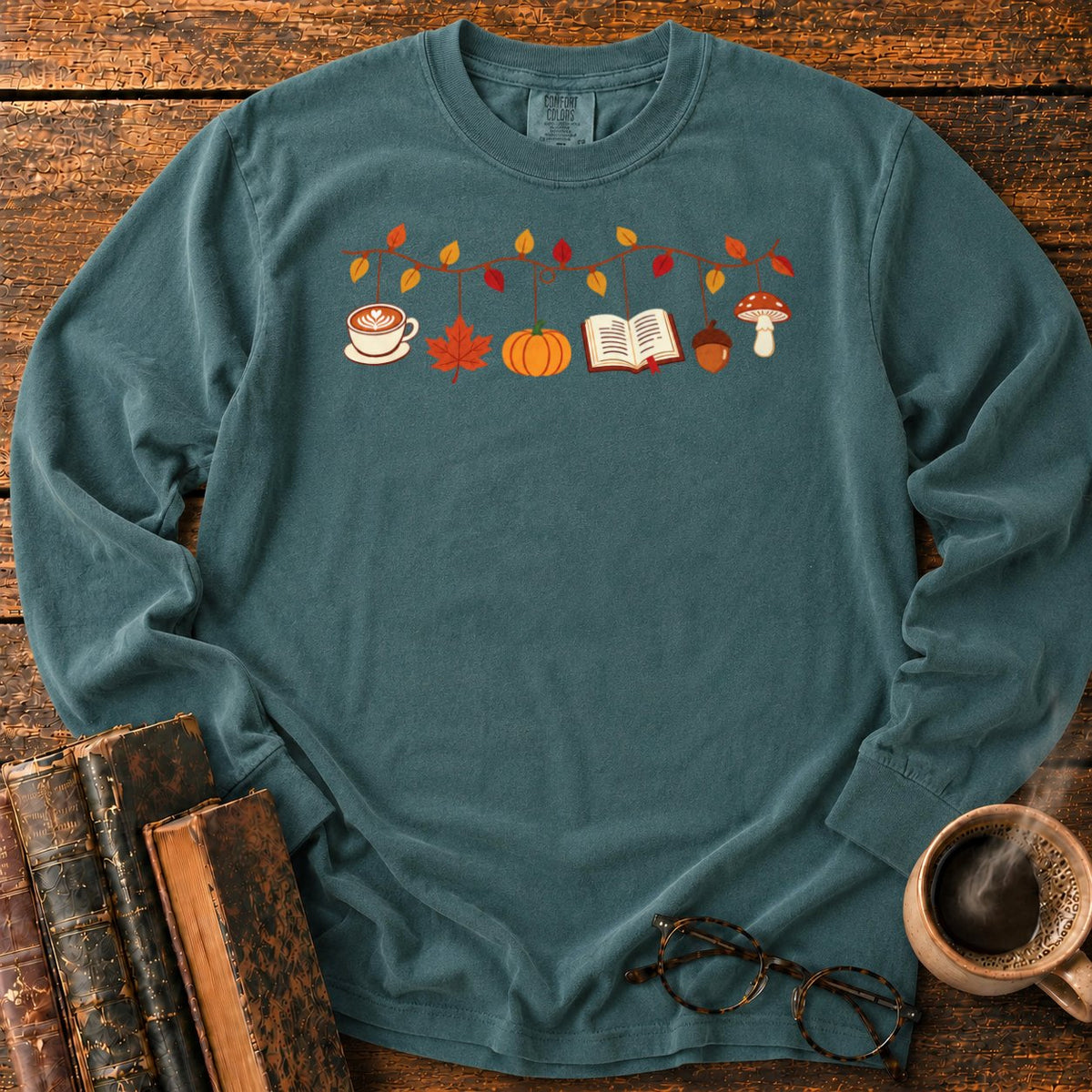 Cozy Autumn Garland Of Harvest Icons LS T-Shirt in Blue Spruce – BooksThreads