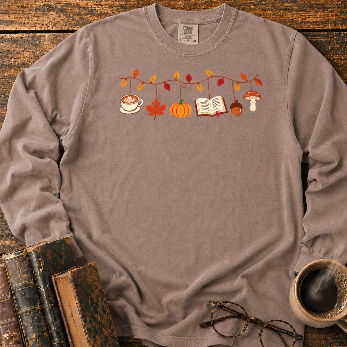Cozy Autumn Garland Of Harvest Icons LS T-Shirt in Espresso – BooksThreads