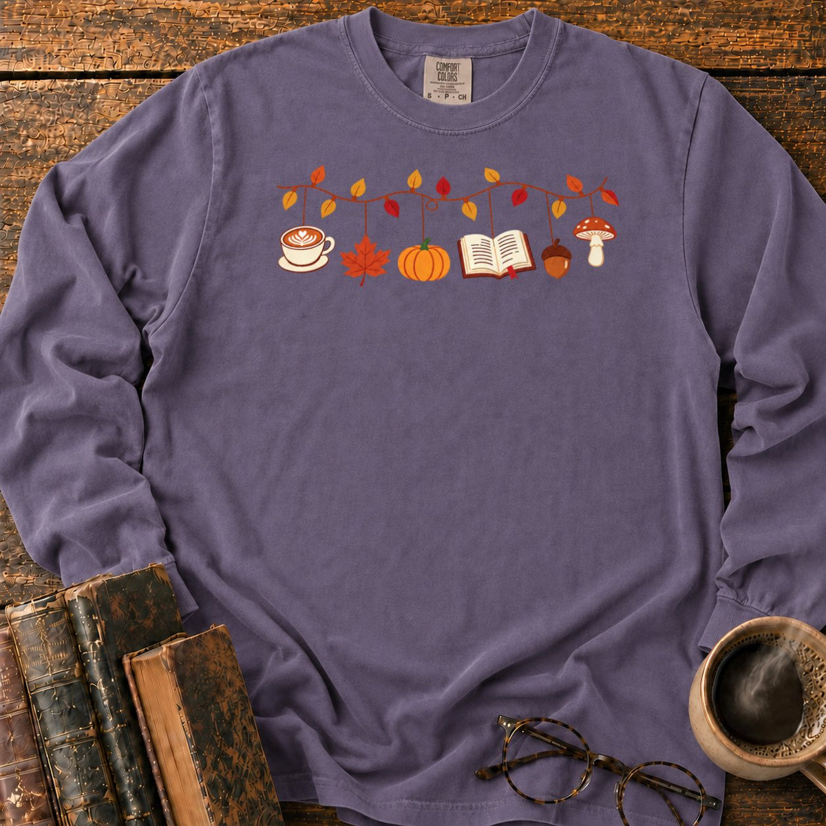 Cozy Autumn Garland Of Harvest Icons LS T-Shirt in Grape – BooksThreads