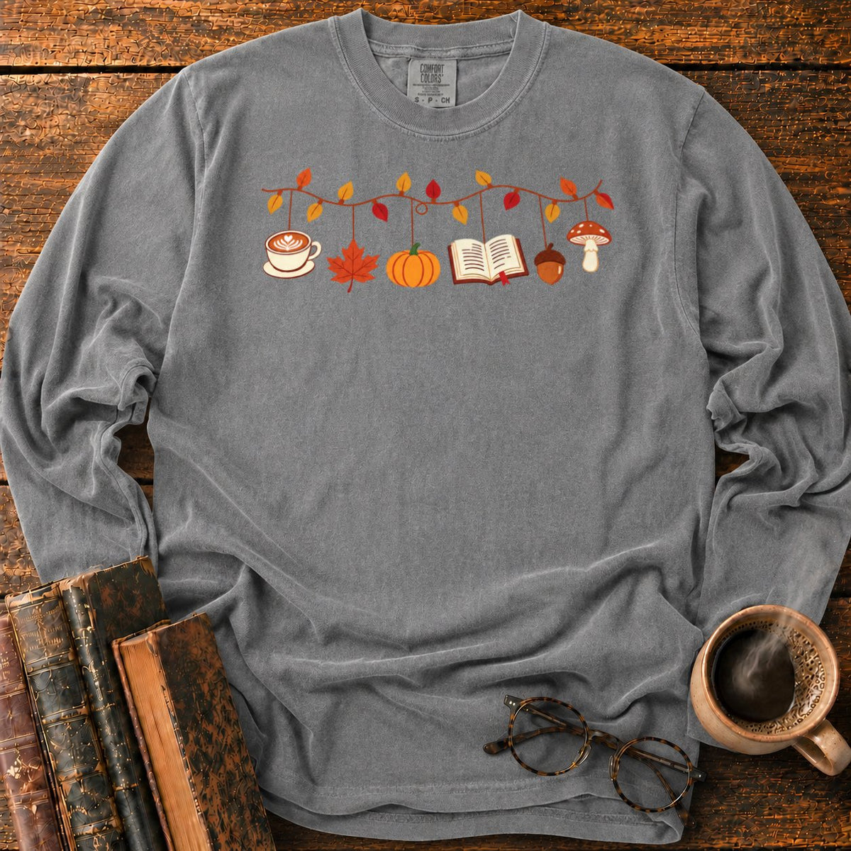Cozy Autumn Garland Of Harvest Icons LS T-Shirt in Pepper – BooksThreads