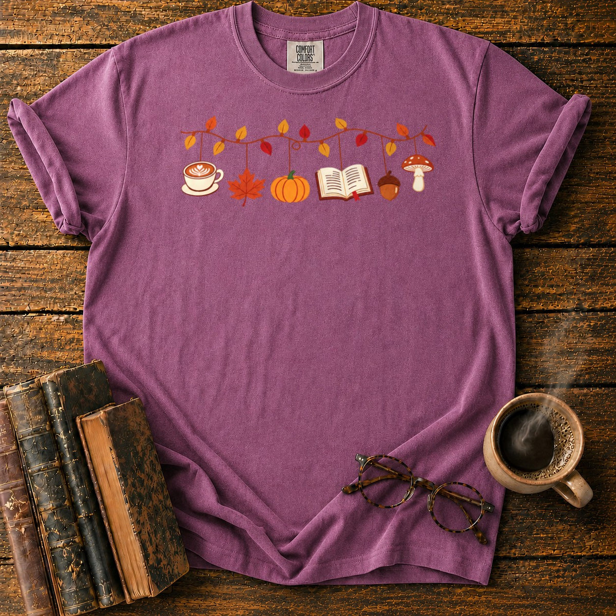 Cozy Autumn Garland Of Harvest Icons T-Shirt in Berry – BooksThreads