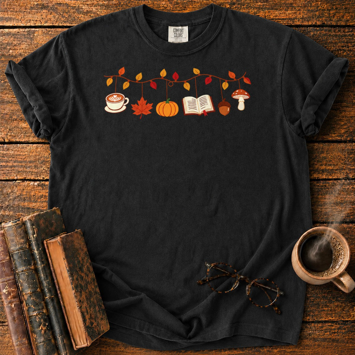 Cozy Autumn Garland Of Harvest Icons T-Shirt in Black – BooksThreads