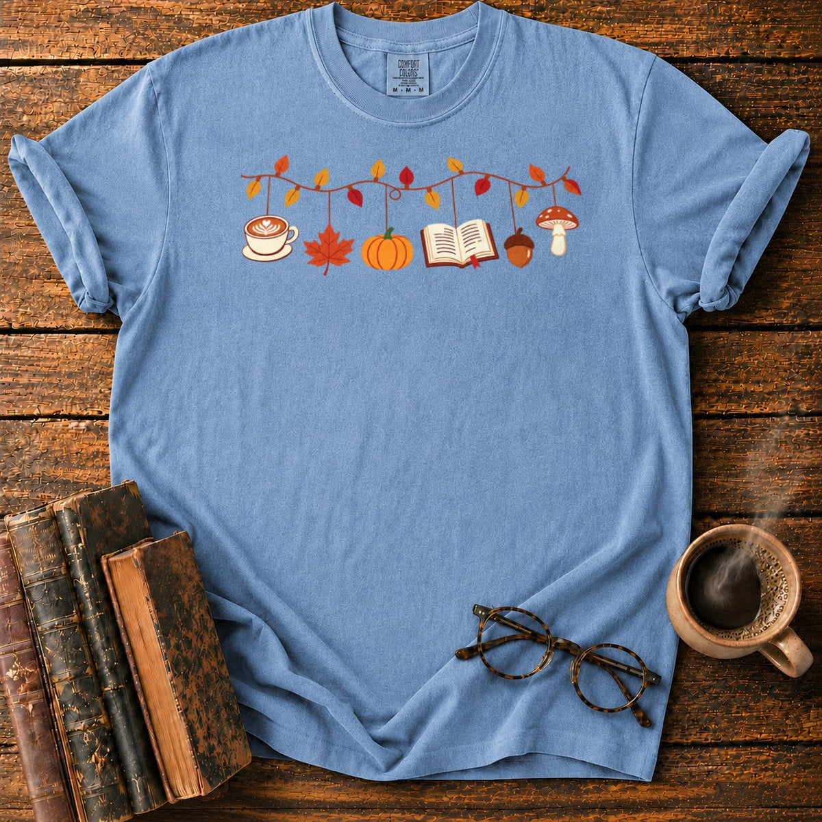 Cozy Autumn Garland Of Harvest Icons T-Shirt in Blue Jean – BooksThreads