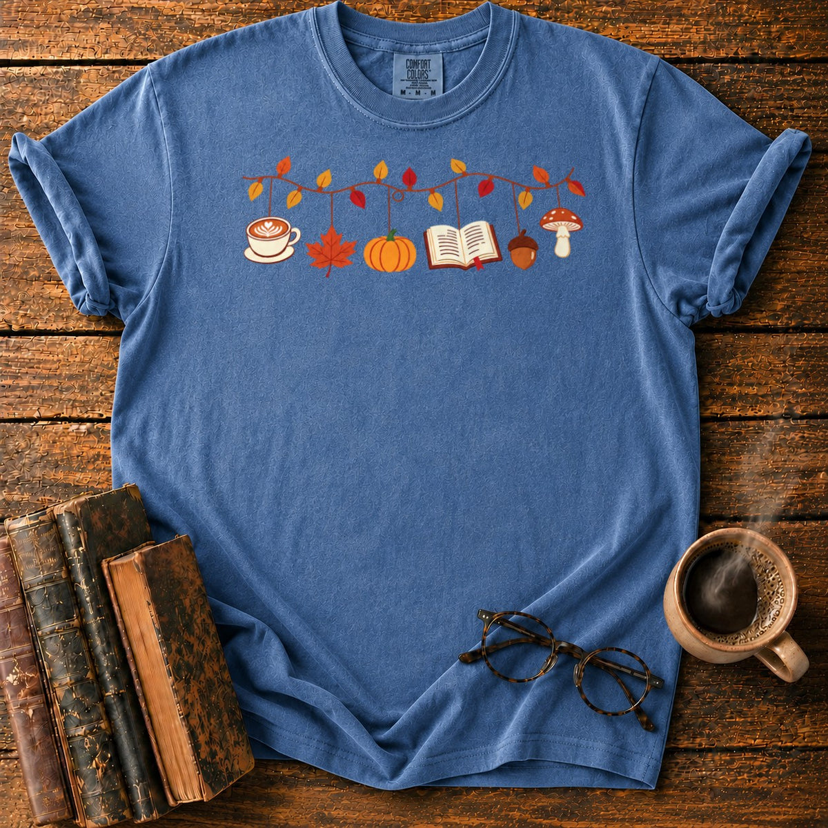 Cozy Autumn Garland Of Harvest Icons T-Shirt in Denim – BooksThreads