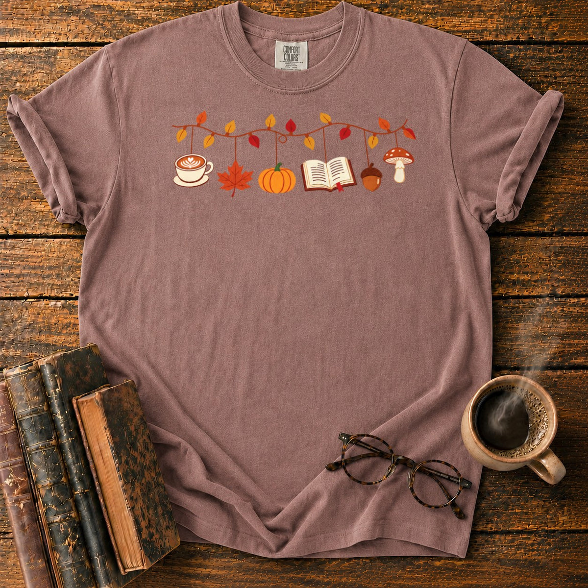 Cozy Autumn Garland Of Harvest Icons T-Shirt in Espresso – BooksThreads
