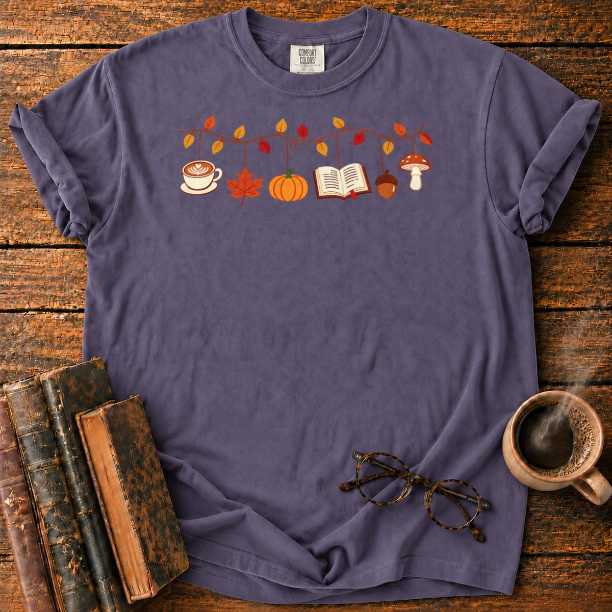 Cozy Autumn Garland Of Harvest Icons T-Shirt in Grape – BooksThreads