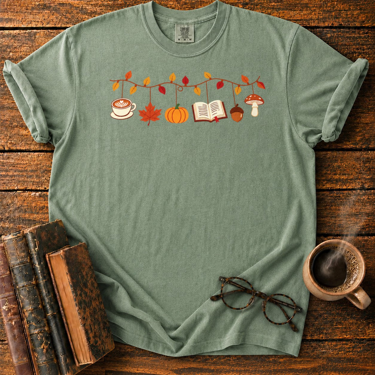 Cozy Autumn Garland Of Harvest Icons T-Shirt in Moss – BooksThreads