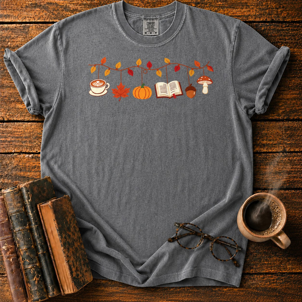 Cozy Autumn Garland Of Harvest Icons T-Shirt in Pepper – BooksThreads