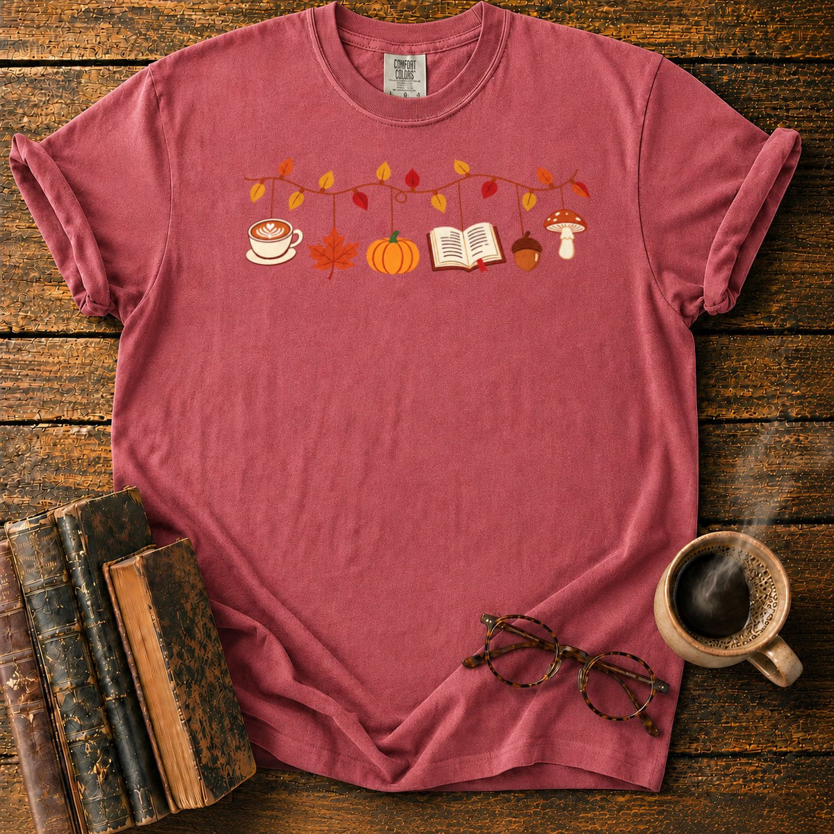 Cozy Autumn Garland Of Harvest Icons T-Shirt in Watermelon – BooksThreads