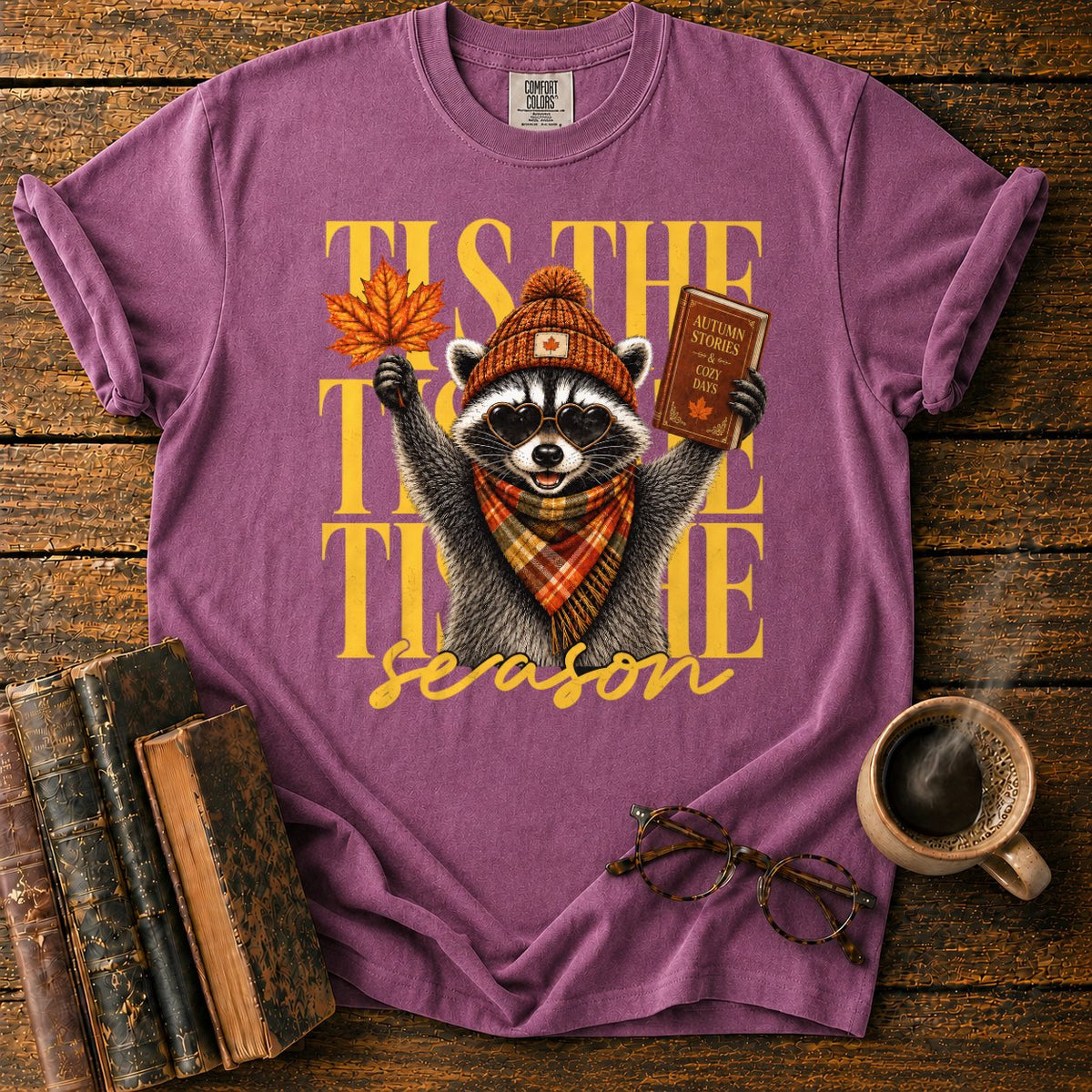 Cozy Autumn Raccoon Celebration T-Shirt in Berry – BooksThreads
