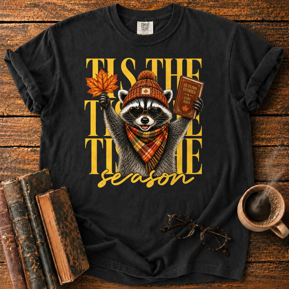Cozy Autumn Raccoon Celebration T-Shirt in Black – BooksThreads