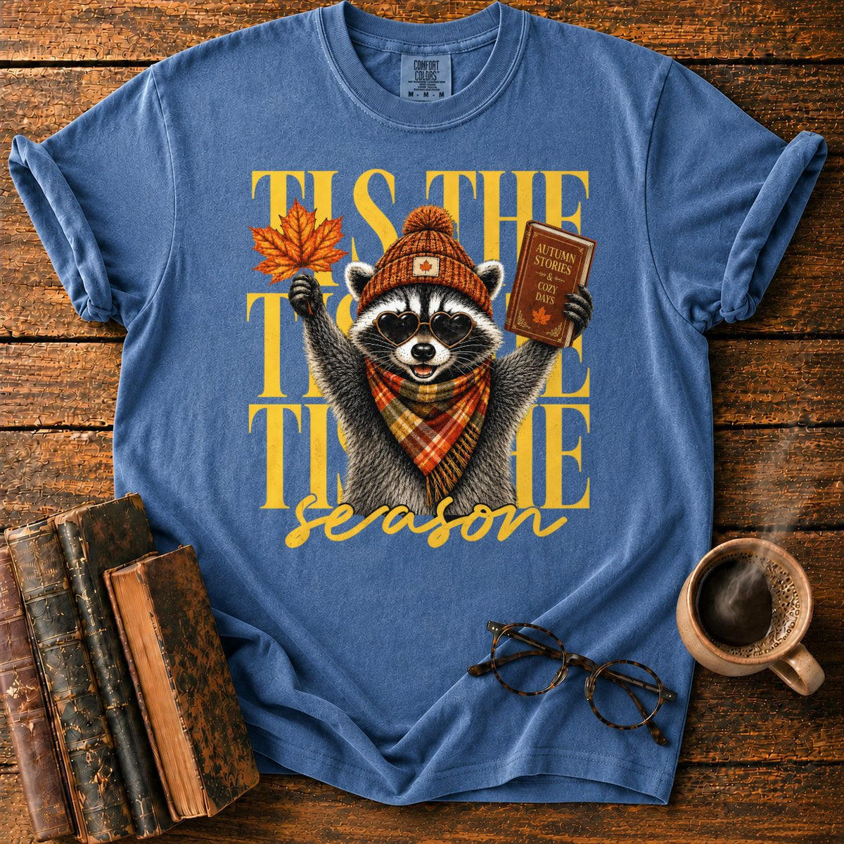 Cozy Autumn Raccoon Celebration T-Shirt in Denim – BooksThreads