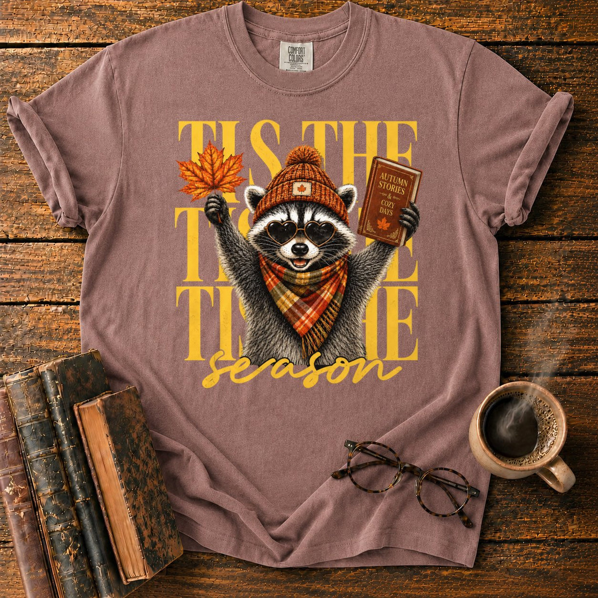 Cozy Autumn Raccoon Celebration T-Shirt in Espresso – BooksThreads
