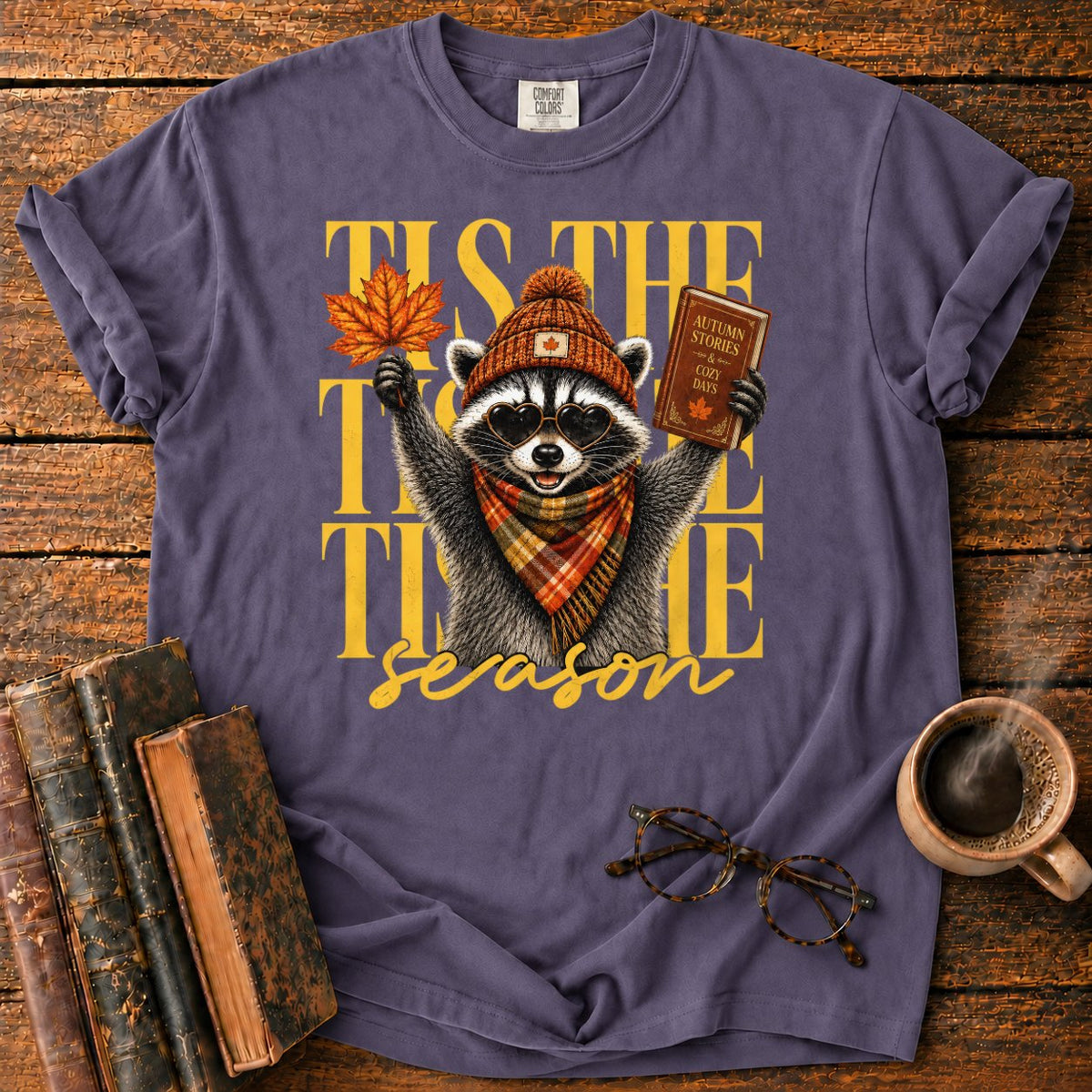 Cozy Autumn Raccoon Celebration T-Shirt in Grape – BooksThreads
