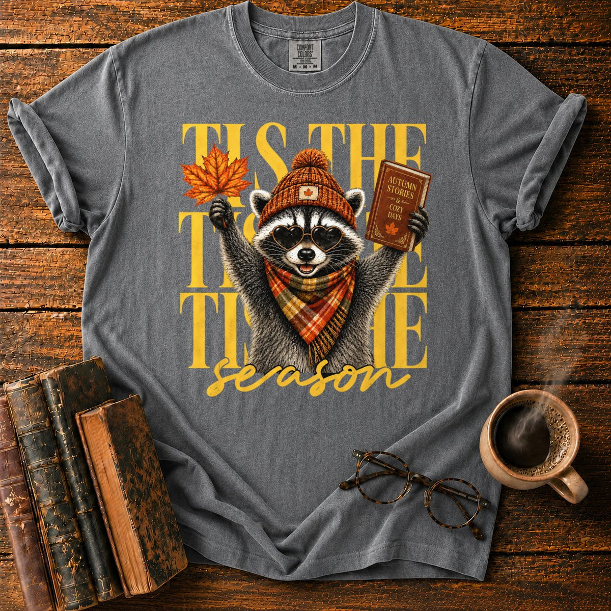 Cozy Autumn Raccoon Celebration T-Shirt in Pepper – BooksThreads