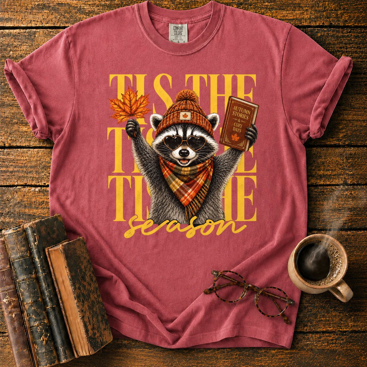 Cozy Autumn Raccoon Celebration T-Shirt in Watermelon – BooksThreads