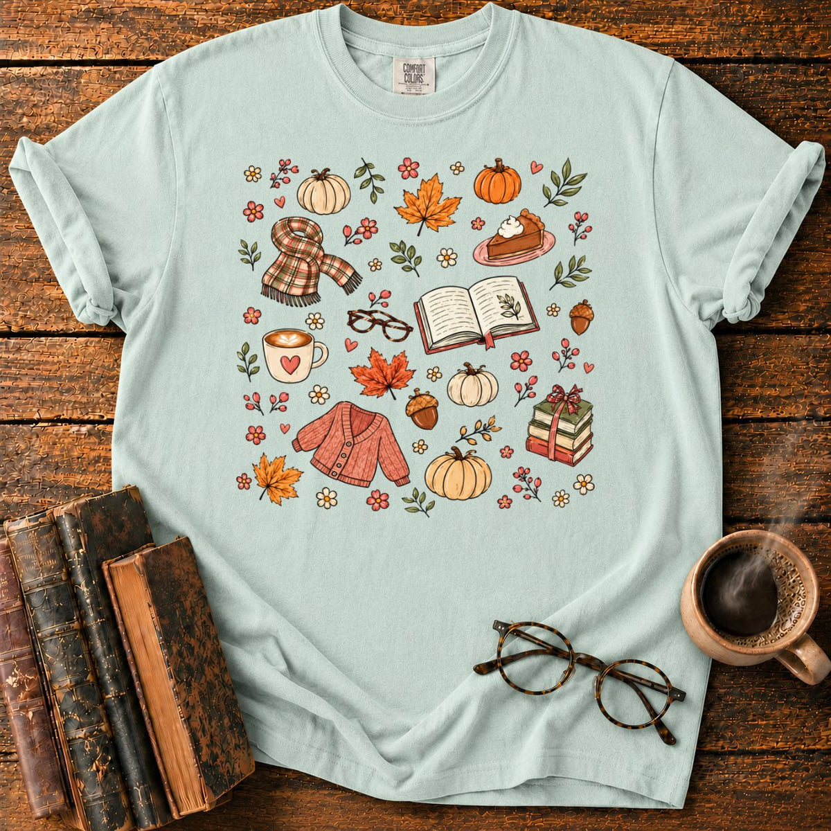 Cozy Autumn Sticker Pattern T-Shirt in Bay – BooksThreads