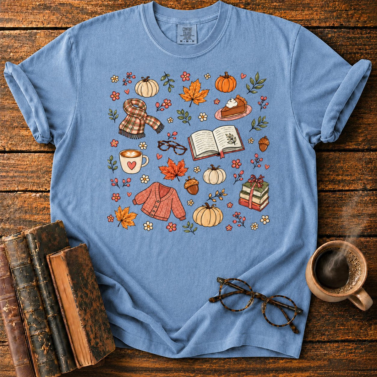 Cozy Autumn Sticker Pattern T-Shirt in Blue Jean – BooksThreads