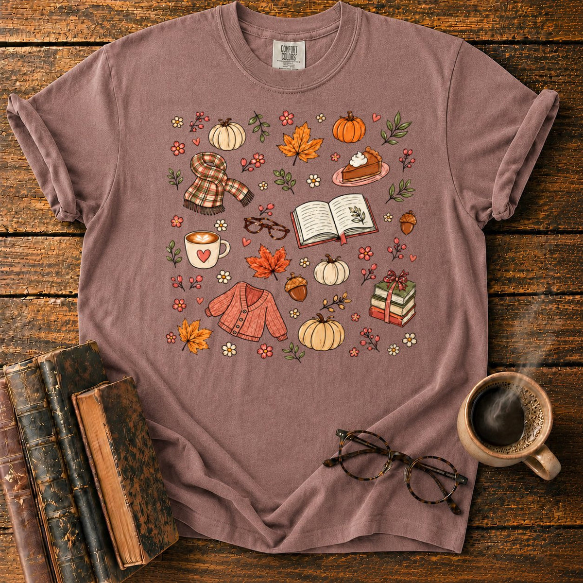 Cozy Autumn Sticker Pattern T-Shirt in Espresso – BooksThreads