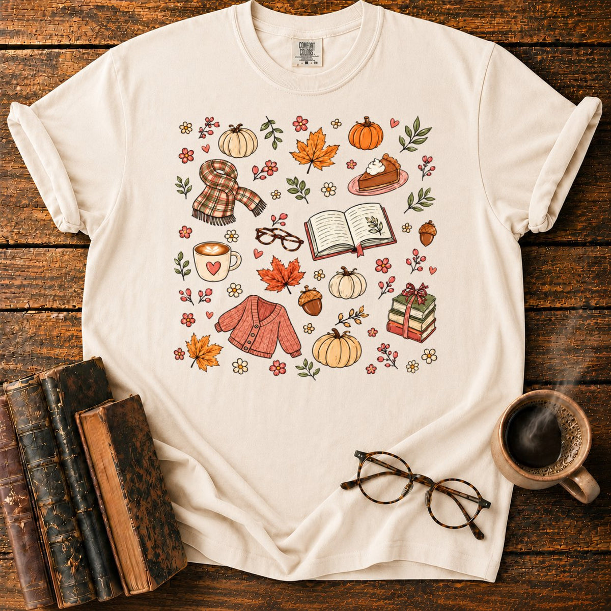 Cozy Autumn Sticker Pattern T-Shirt in Ivory – BooksThreads