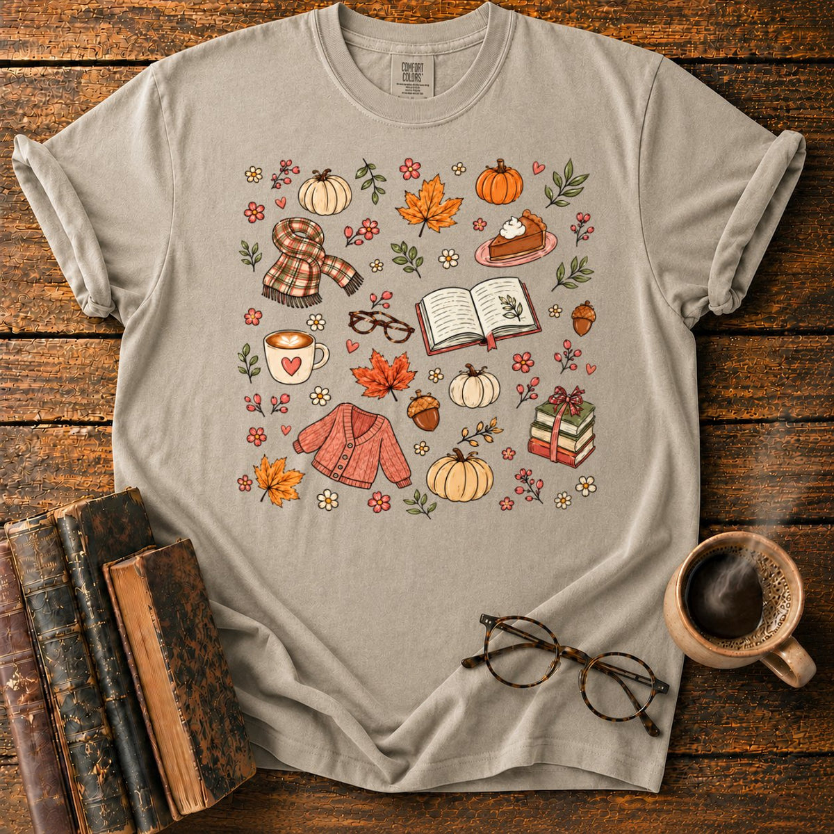 Cozy Autumn Sticker Pattern T-Shirt in Khaki – BooksThreads