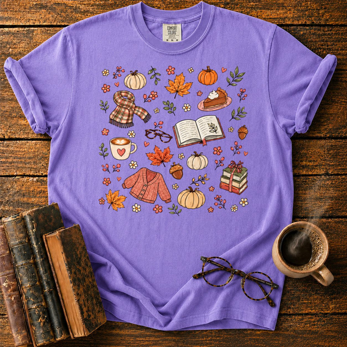 Cozy Autumn Sticker Pattern T-Shirt in Violet – BooksThreads