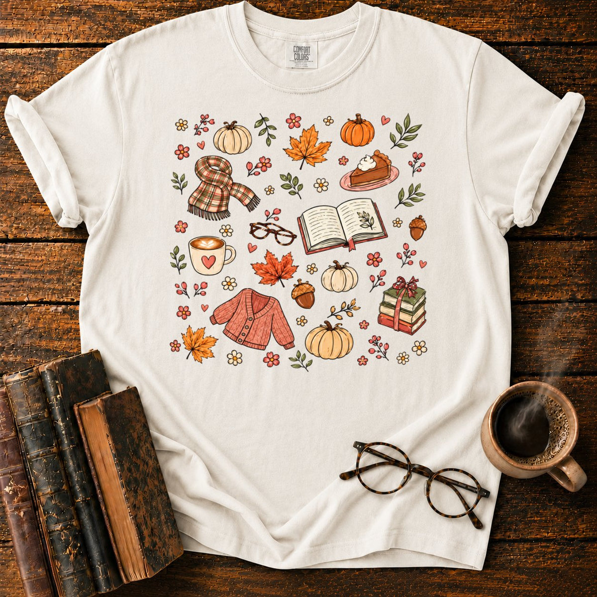 Cozy Autumn Sticker Pattern T-Shirt in White – BooksThreads
