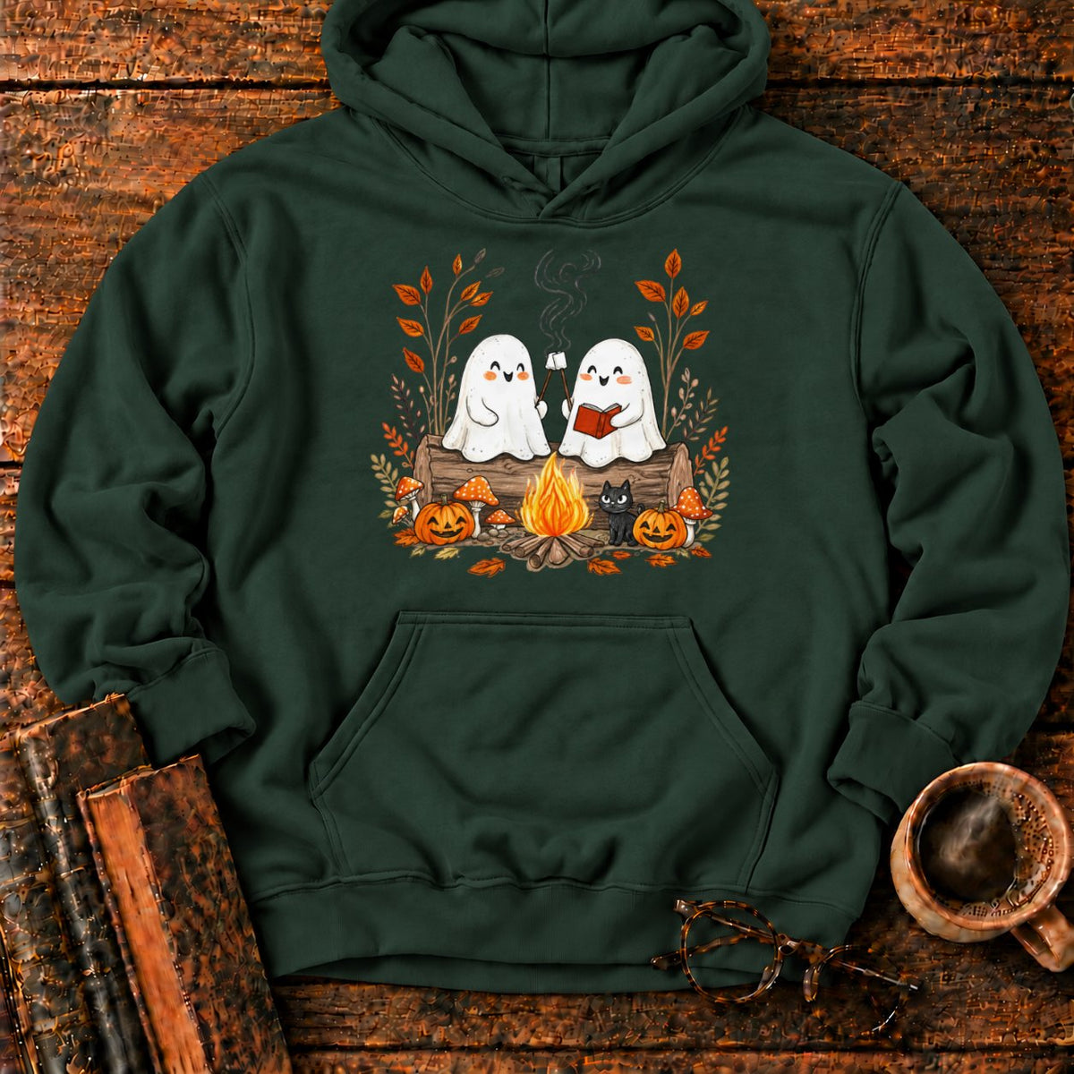 Cozy Ghost Campfire Gathering Hoodie in Forest Green – BooksThreads