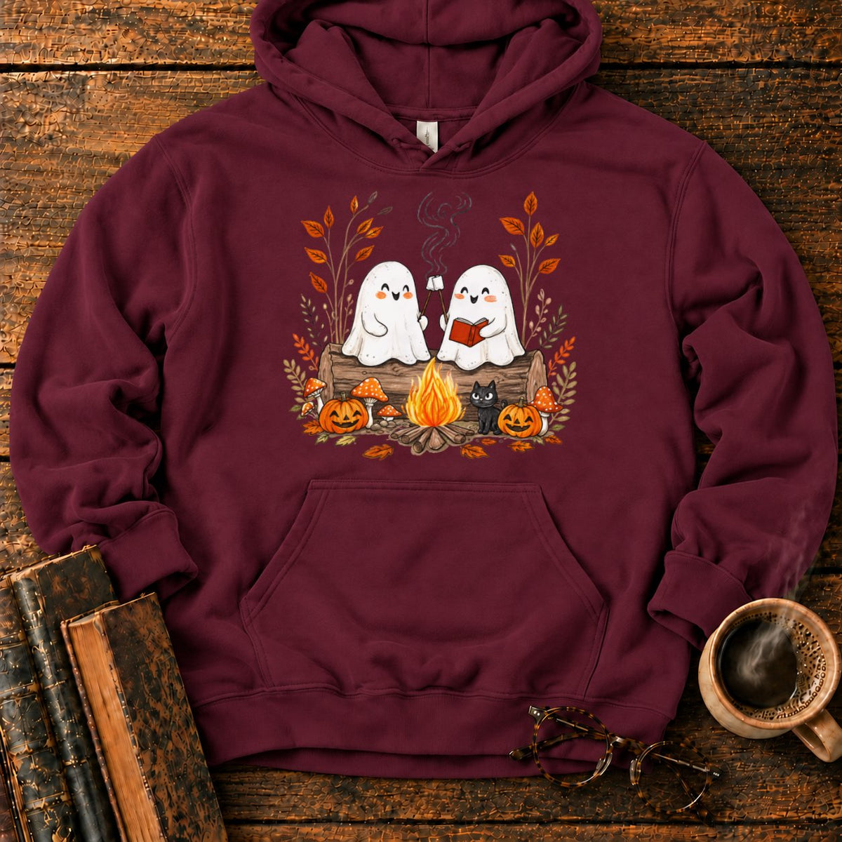 Cozy Ghost Campfire Gathering Hoodie in Maroon – BooksThreads