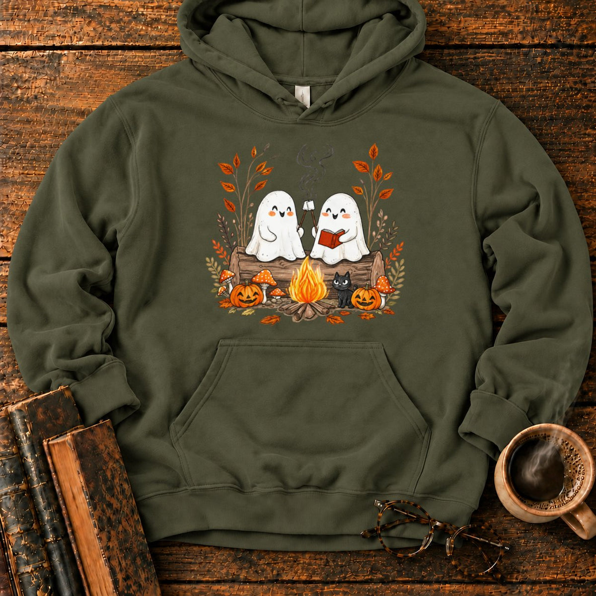 Cozy Ghost Campfire Gathering Hoodie in Military Green – BooksThreads