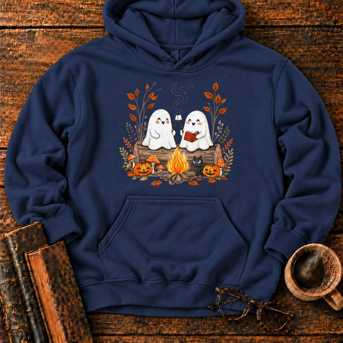 Cozy Ghost Campfire Gathering Hoodie in Navy – BooksThreads