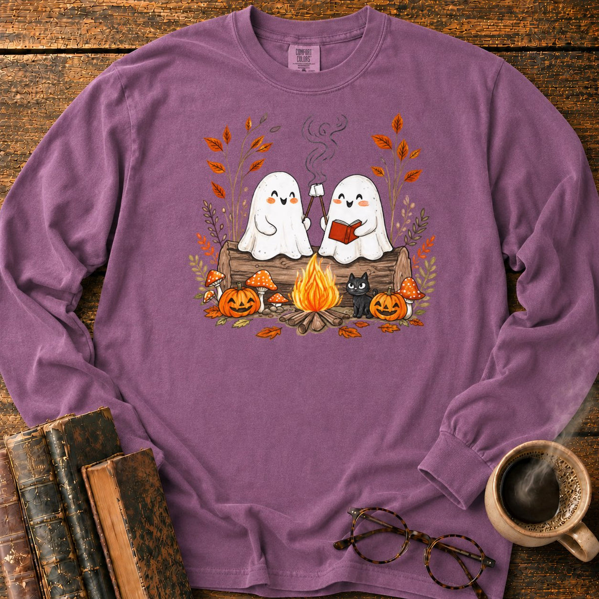 Cozy Ghost Campfire Gathering LS T-Shirt in Berry – BooksThreads