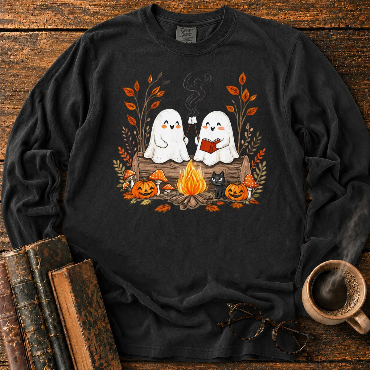 Cozy Ghost Campfire Gathering LS T-Shirt in Black – BooksThreads