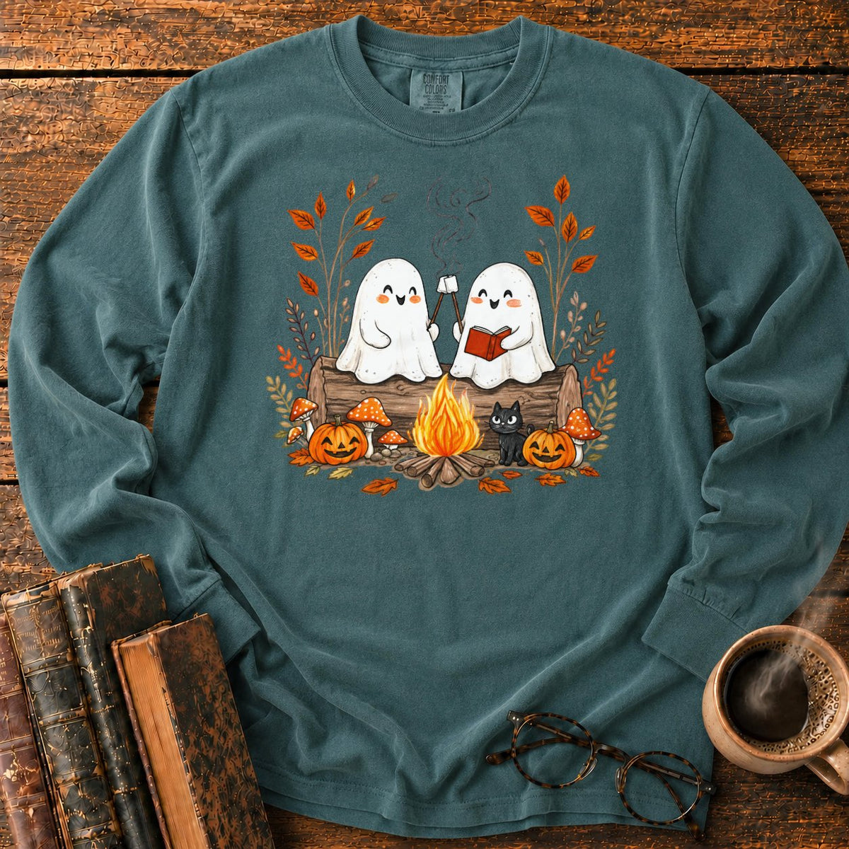 Cozy Ghost Campfire Gathering LS T-Shirt in Blue Spruce – BooksThreads