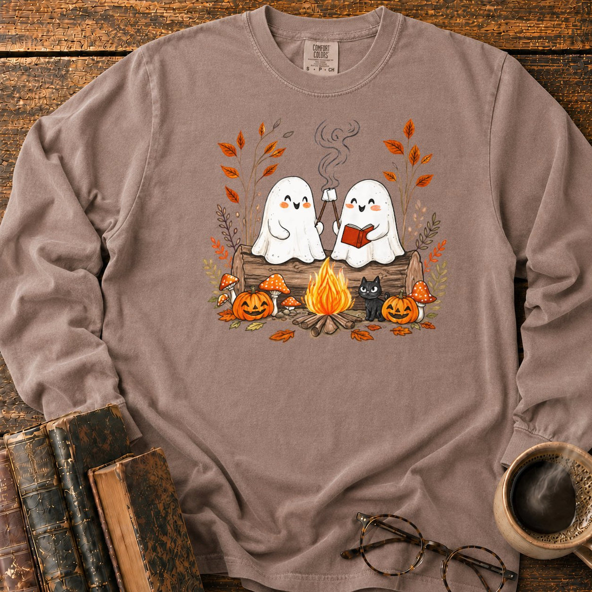 Cozy Ghost Campfire Gathering LS T-Shirt in Espresso – BooksThreads
