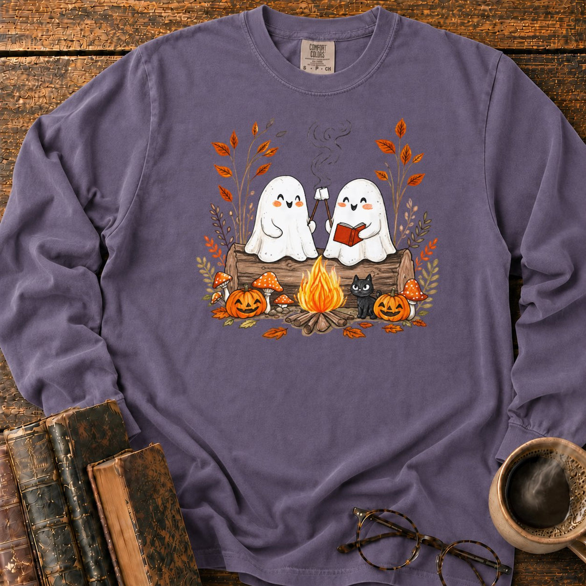 Cozy Ghost Campfire Gathering LS T-Shirt in Grape – BooksThreads