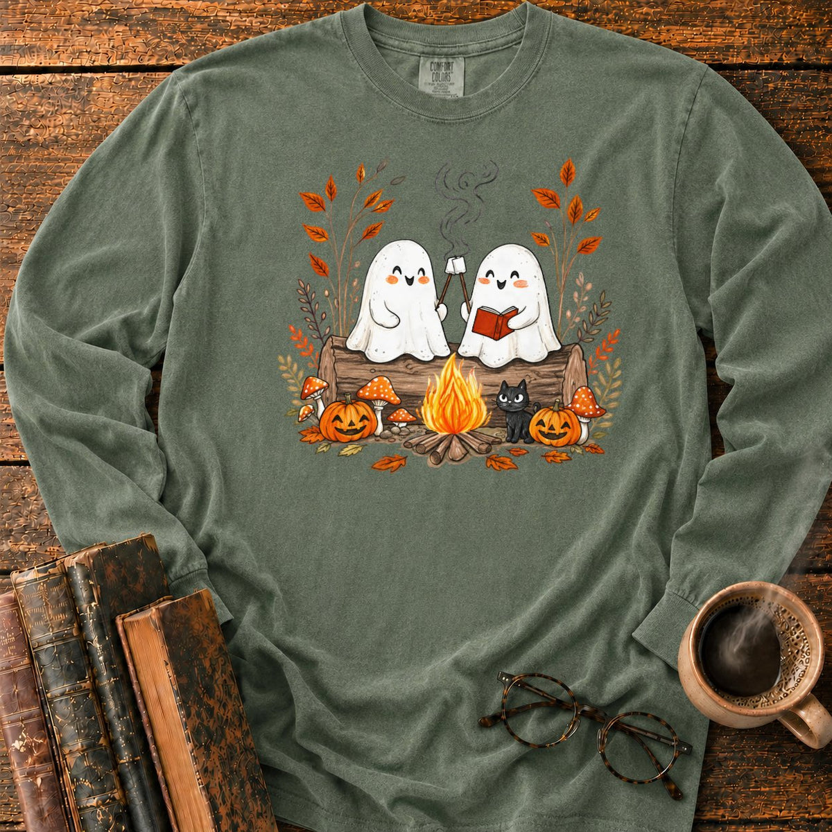 Cozy Ghost Campfire Gathering LS T-Shirt in Hemp – BooksThreads