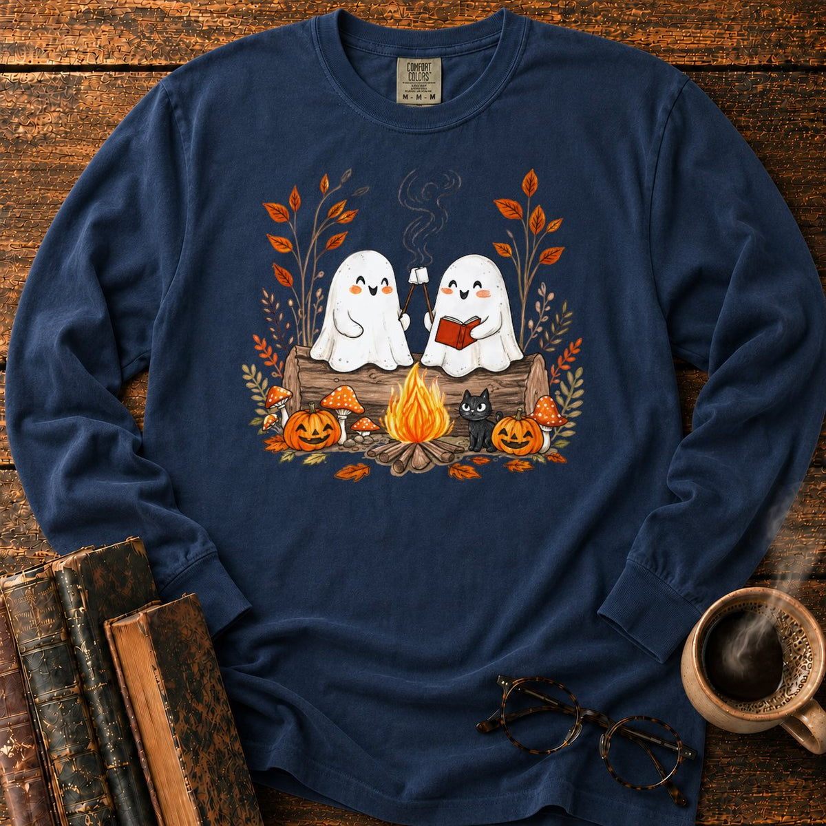 Cozy Ghost Campfire Gathering LS T-Shirt in Midnight – BooksThreads