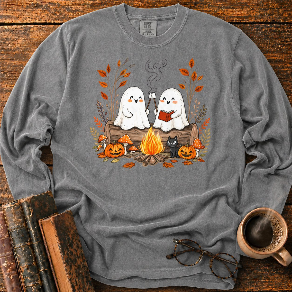 Cozy Ghost Campfire Gathering LS T-Shirt in Pepper – BooksThreads