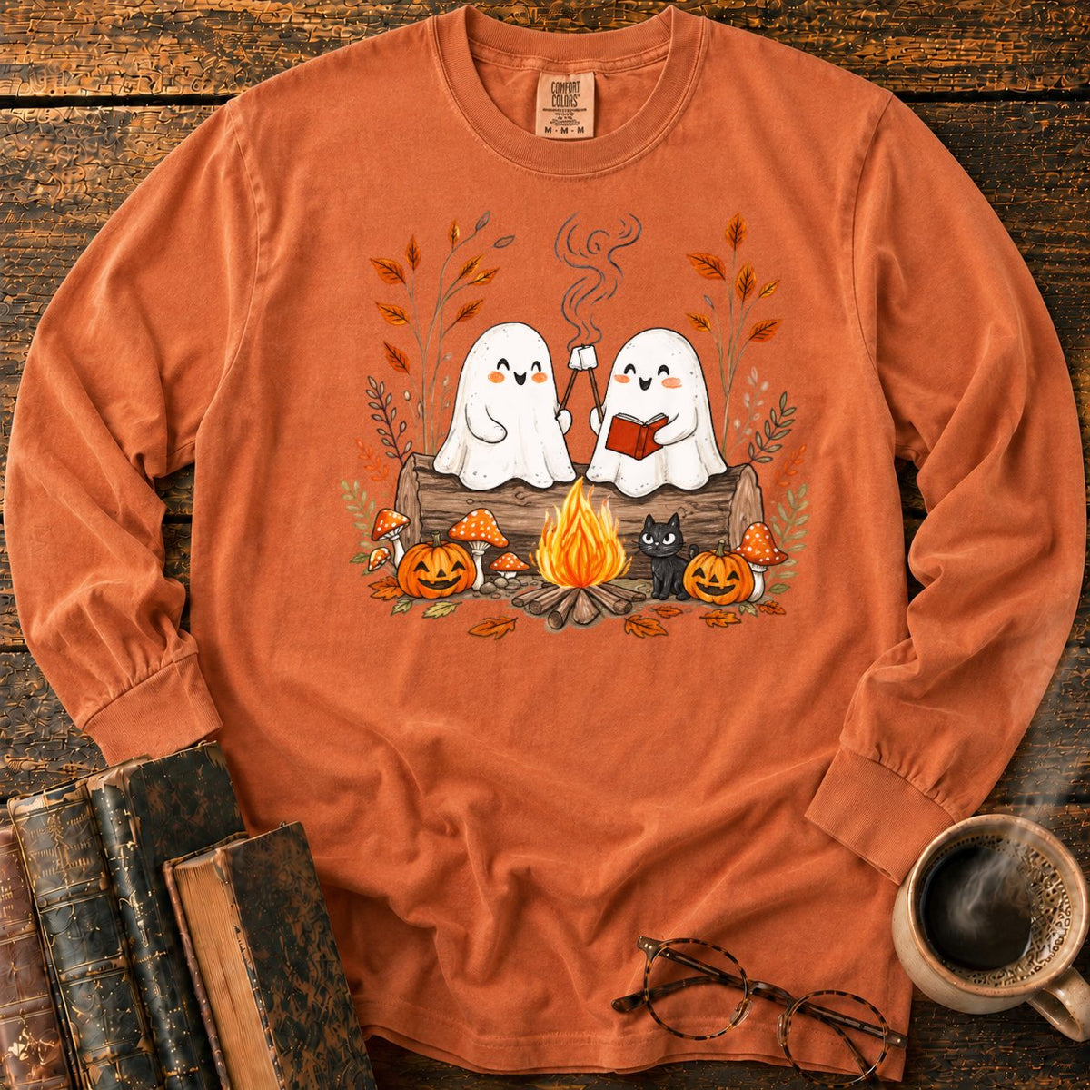 Cozy Ghost Campfire Gathering LS T-Shirt in Yam – BooksThreads