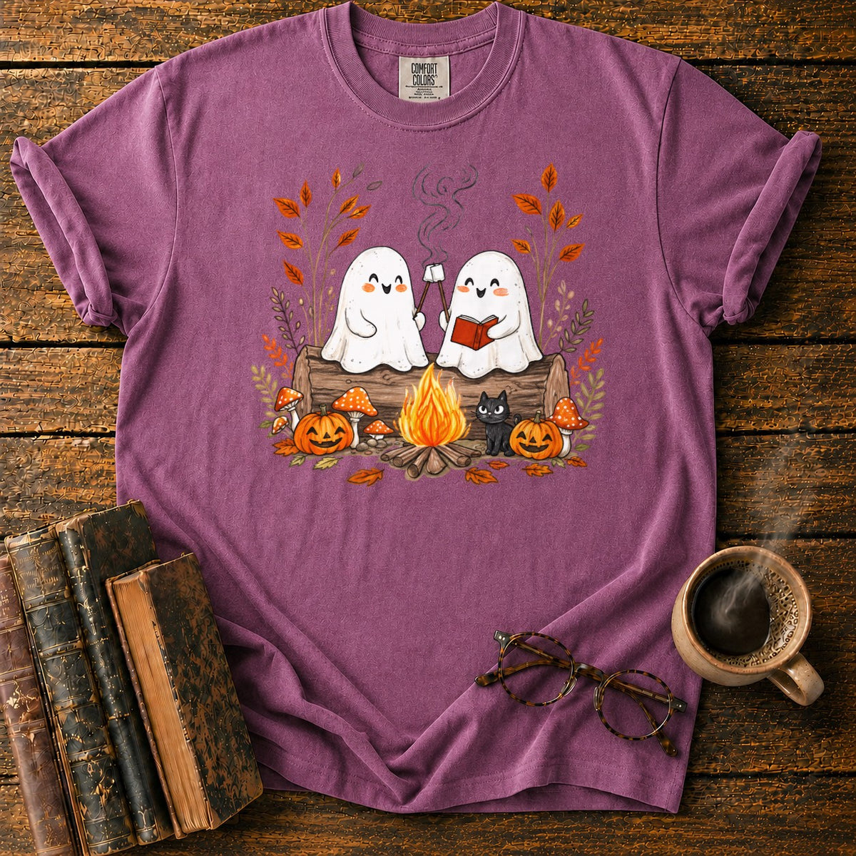 Cozy Ghost Campfire Gathering T-Shirt in Berry – BooksThreads