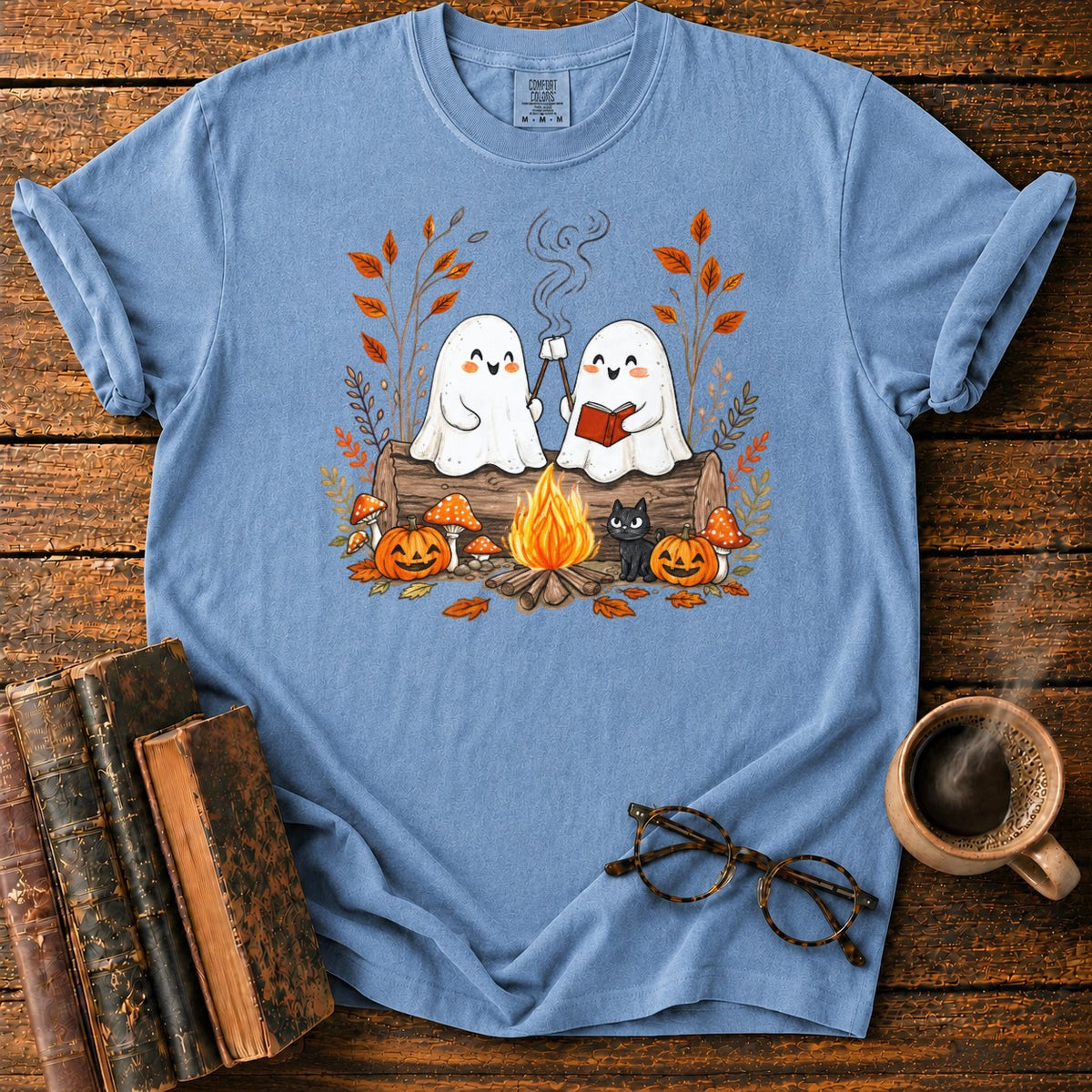 Cozy Ghost Campfire Gathering T-Shirt in Blue Jean – BooksThreads