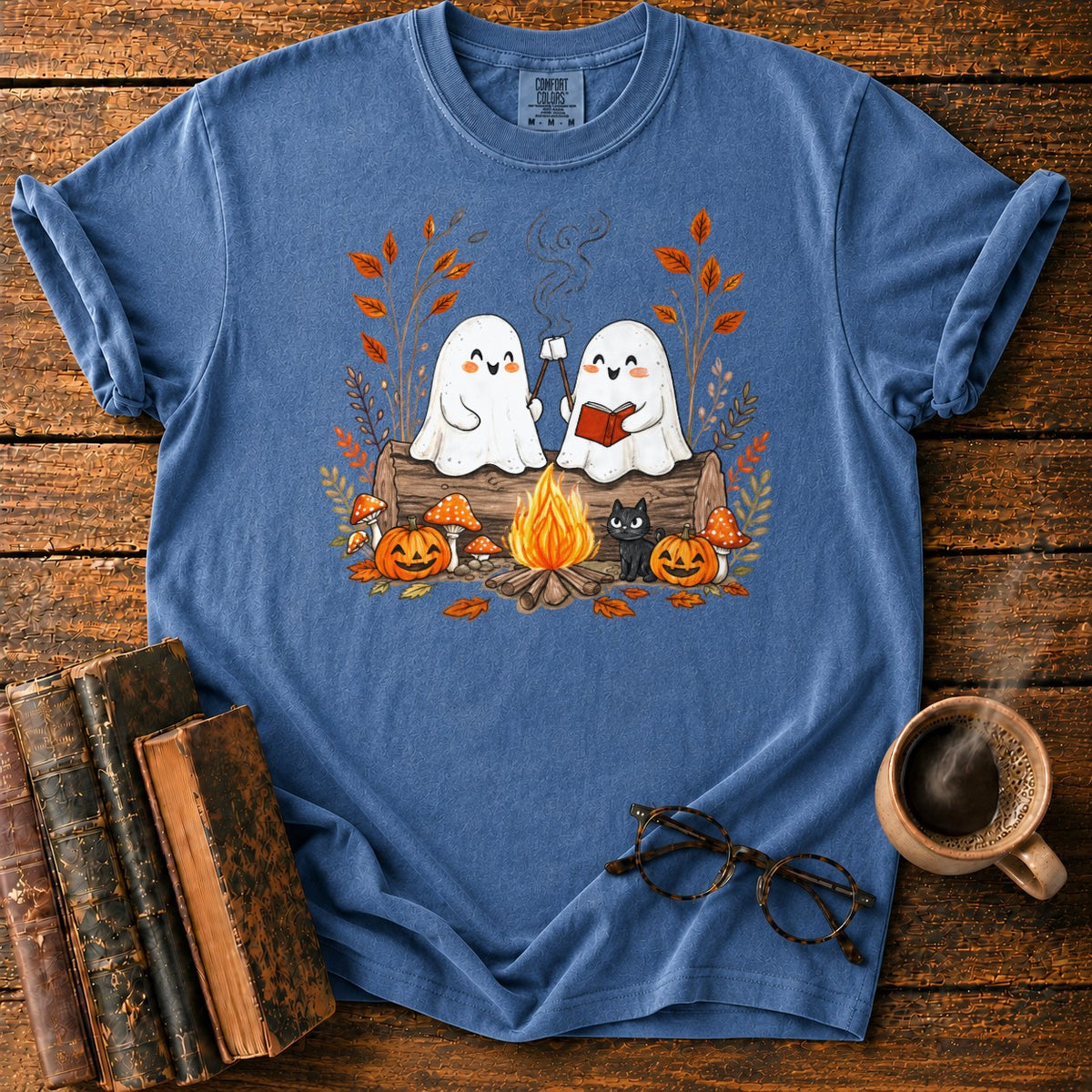 Cozy Ghost Campfire Gathering T-Shirt in Denim – BooksThreads